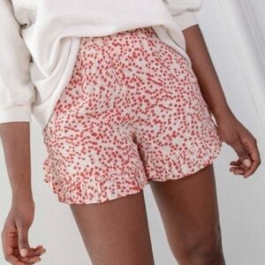 Ganni Egret Floral Red & Creme Ruffle Trim Crepe Shorts SIZE SMALL